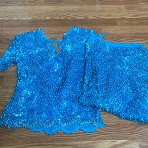 Vintage sequin embellished skirt set alfred angelo blue top midi size s